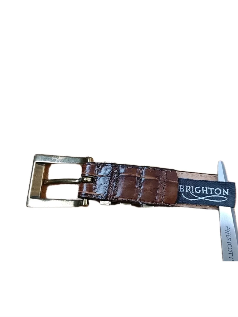 Vtg 90s Brighton USA 40068 Brown Gator Leather Belt Brass Sz 32/M/L Fits 28-32